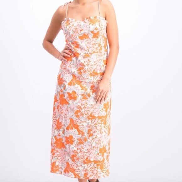 Free People Dress 8 NWOT Beach Party Shoulder Midi Linen Orange Floral Summer - Picture 4 of 12